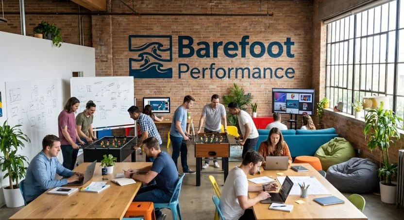 Barefoot Performance Marketing team working together in modern office space