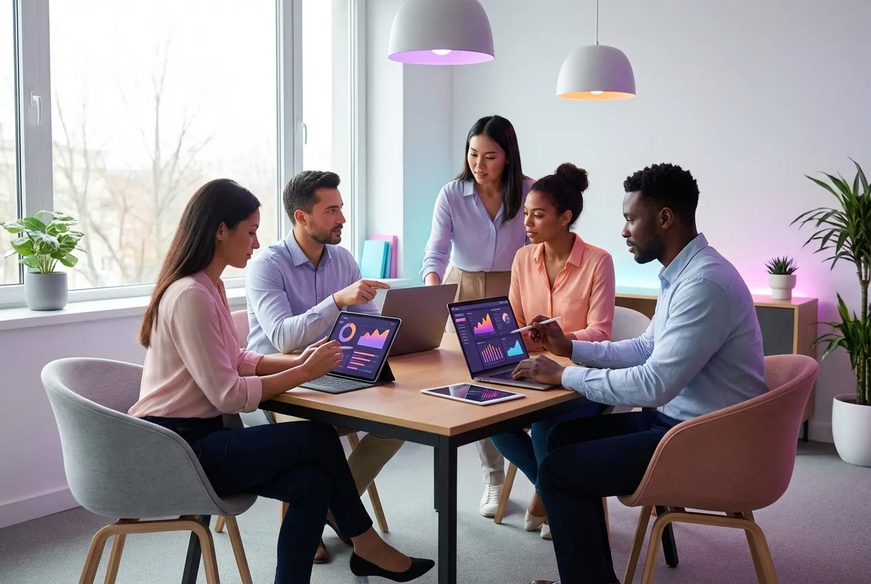 Marketing team collaborating around screens with campaign data