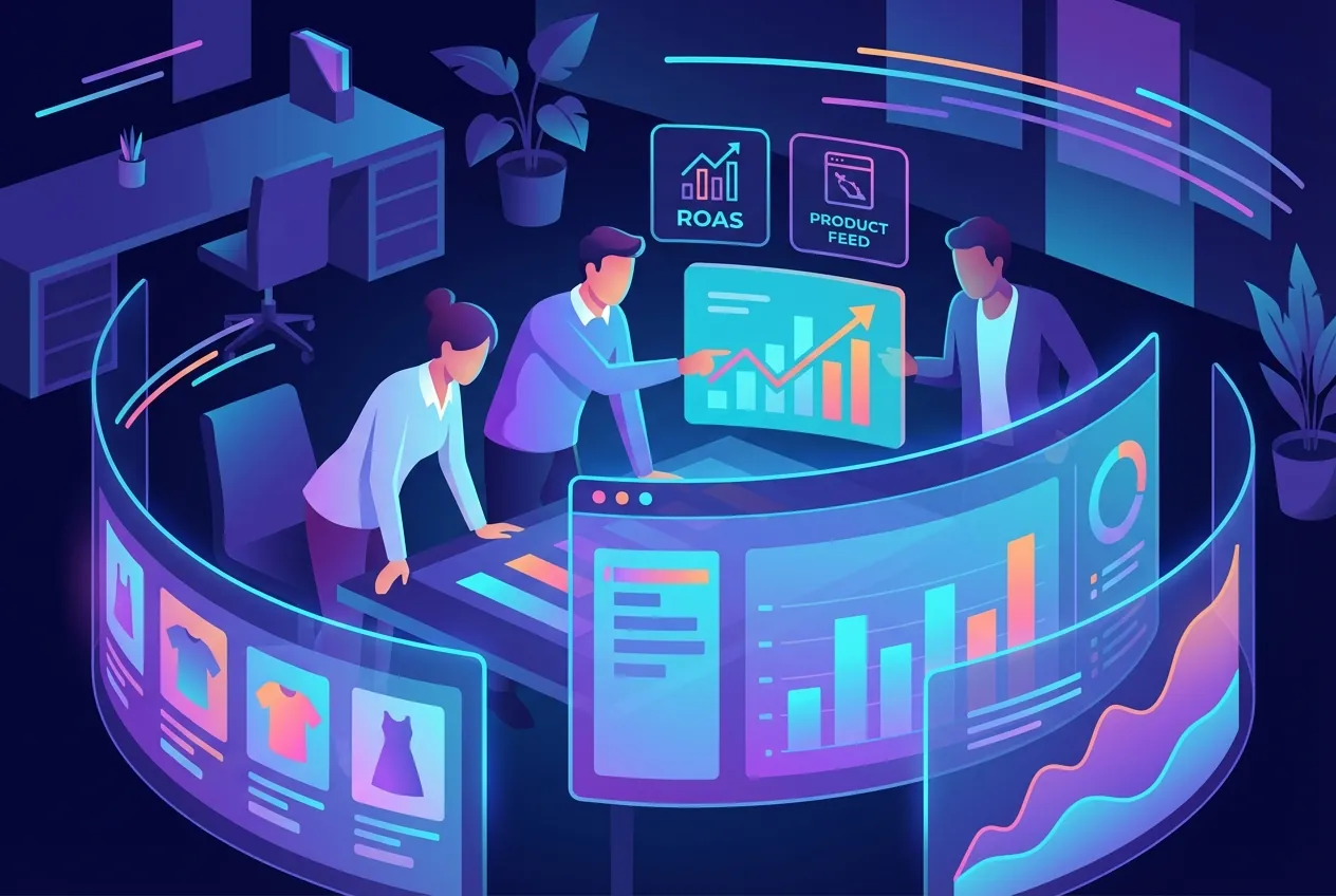 E-commerce team reviewing product performance and ROAS metrics