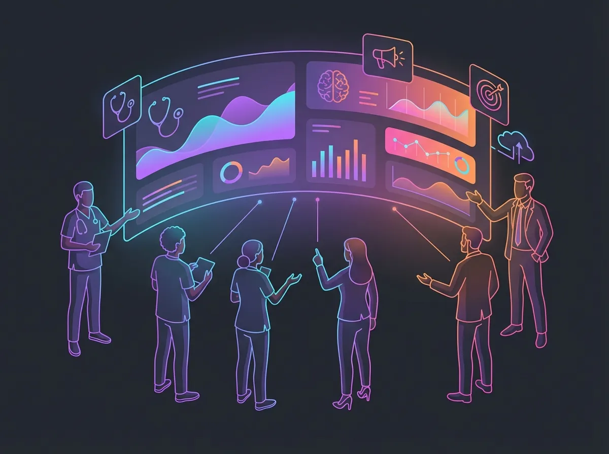 Healthcare team reviewing marketing campaign performance together