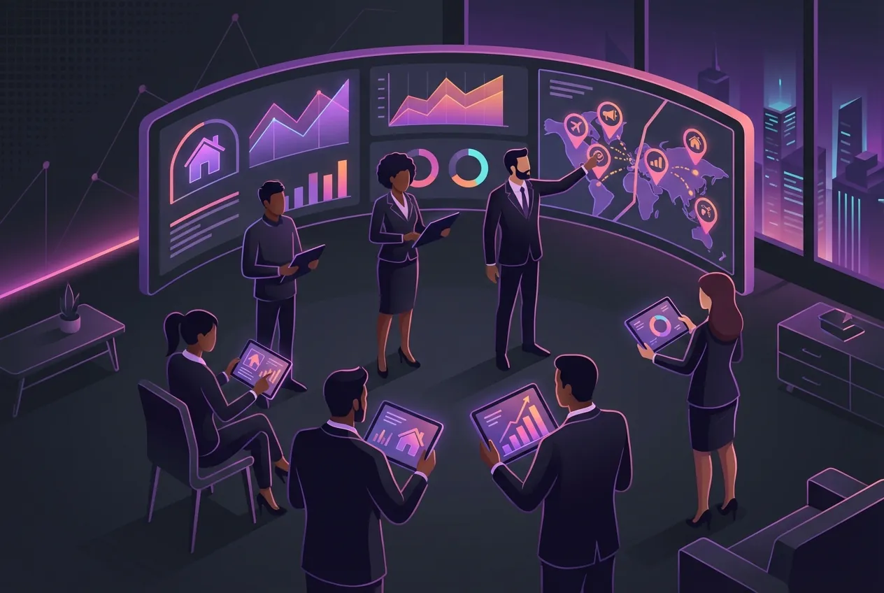 Real estate team collaborating on property marketing strategy