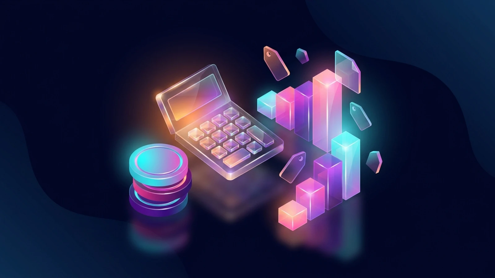 Calculator, euro coins and an ascending bar chart representing advertising costs